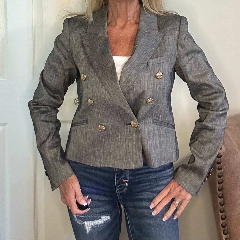 WHBM Women's Gray Black White Tweed like Double-Breasted Blazer 8